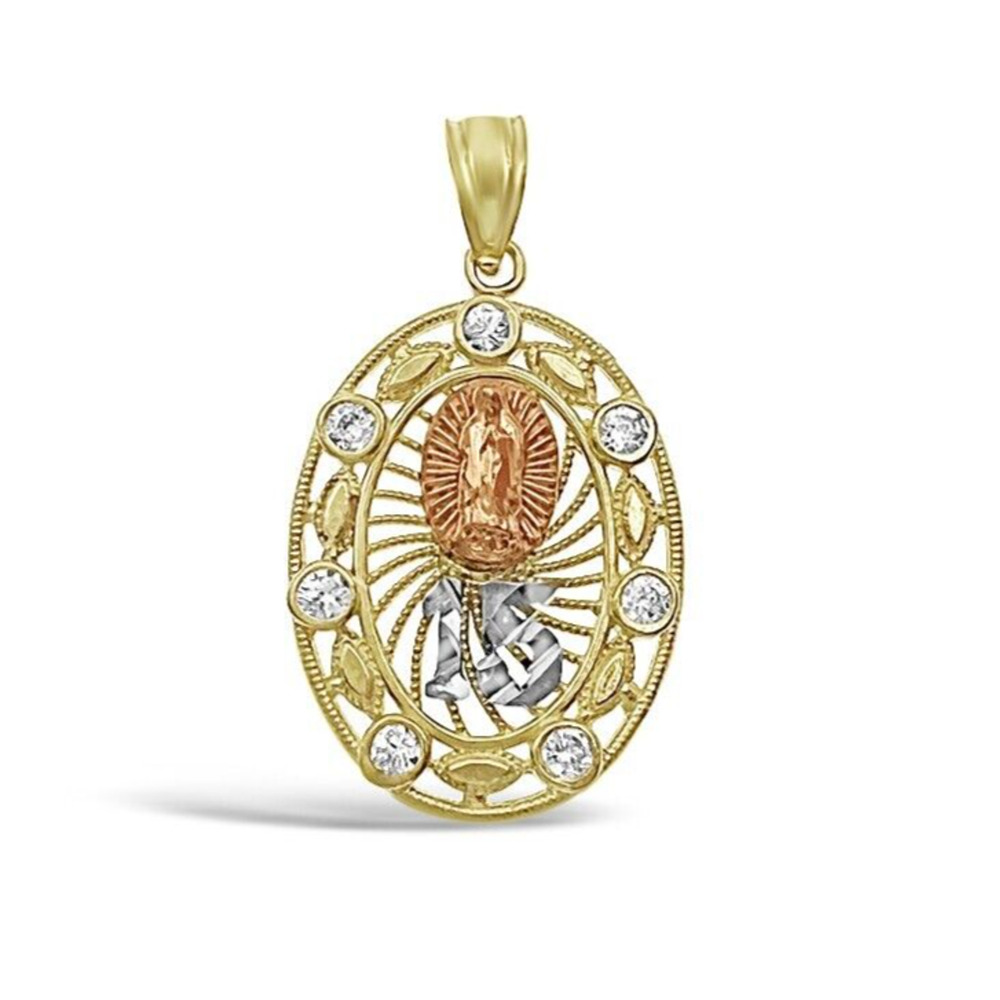 10k Gold Quinceanera 15th Anos Years Birthday Pendant Mother Mary CZ Charm 1"
